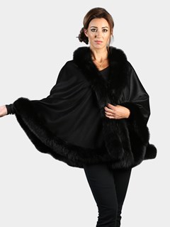 Woman's Black Cashmere Wool Cape with Matching Fox Trim