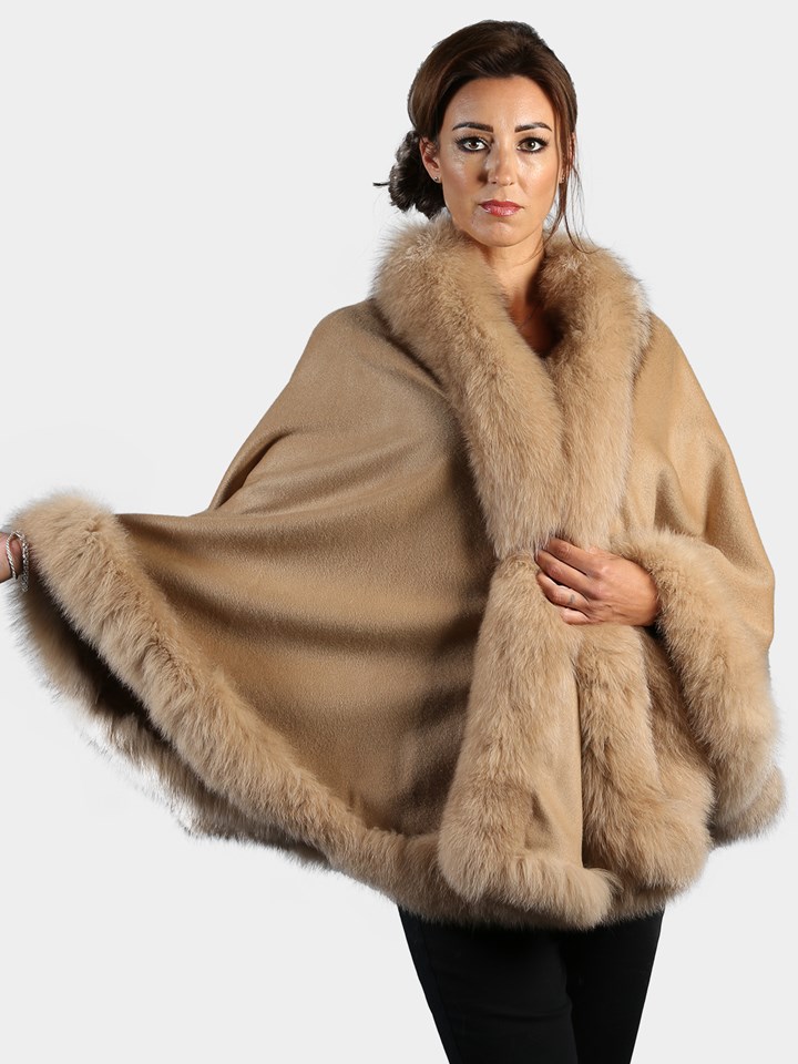 Woman's Camel Cashmere Wool Cape with Matching Fox Trim