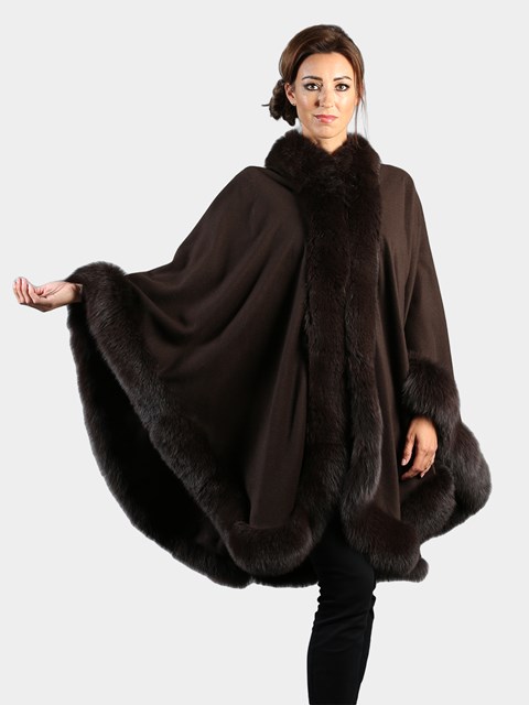 Woman's Brown Cashmere Wool Cape with Matching Fox Trim