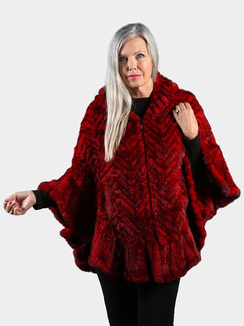 Woman's Red Knitted Mink Fur Zipper Poncho with Hood