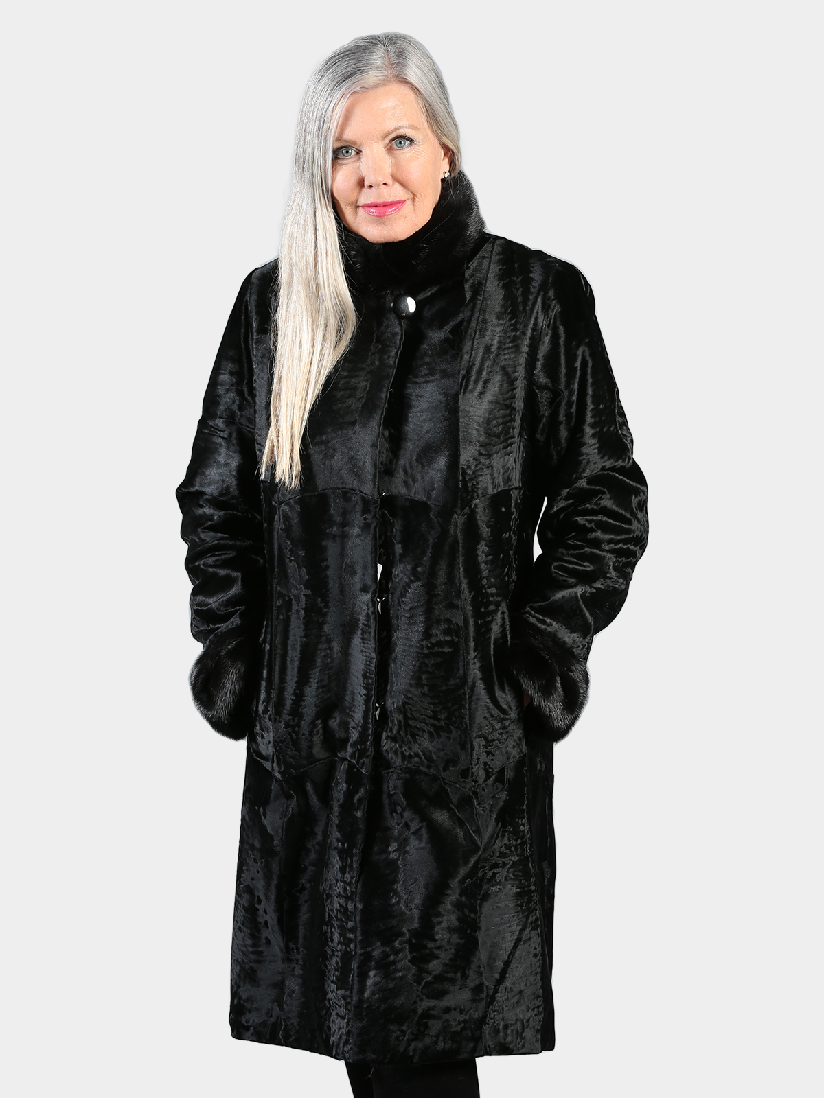 Black Swakara Lamb Fur Stroller with Mink Collar and Cuffs Day Furs
