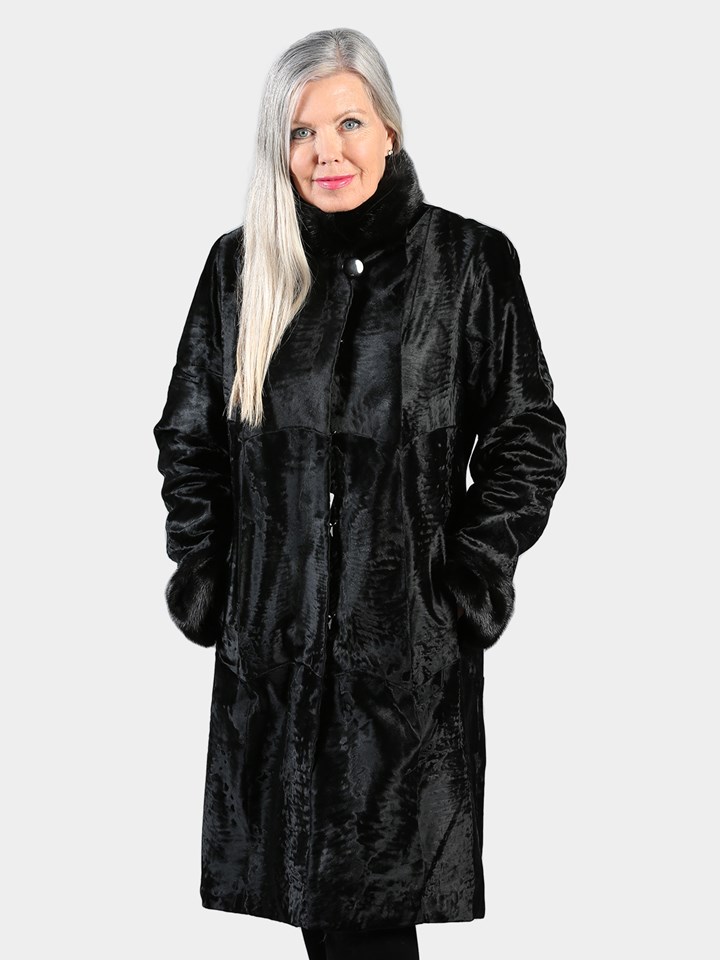 Woman's Black Swakara Lamb Fur Stroller with Mink Collar and Cuffs