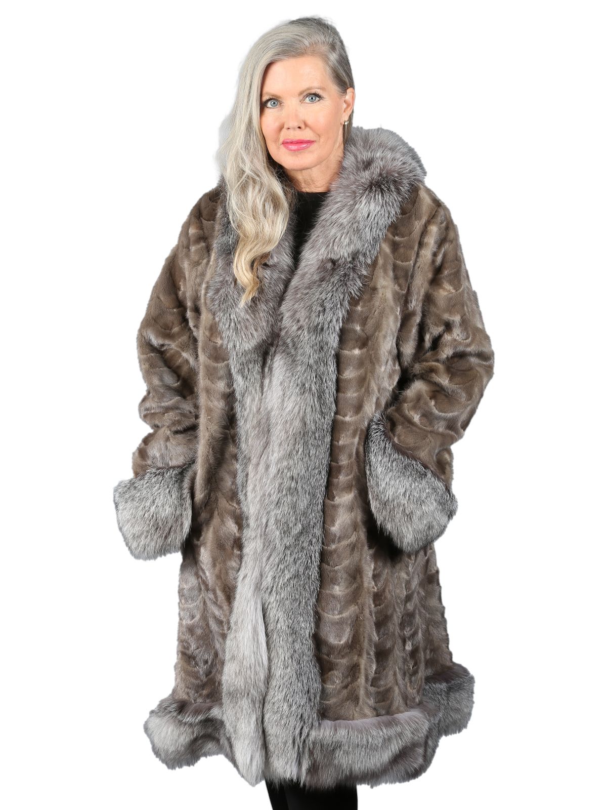 Woman s Grey 3 4 Section Mink Fur Coat With Natural Silver Fox Trim Day Furs