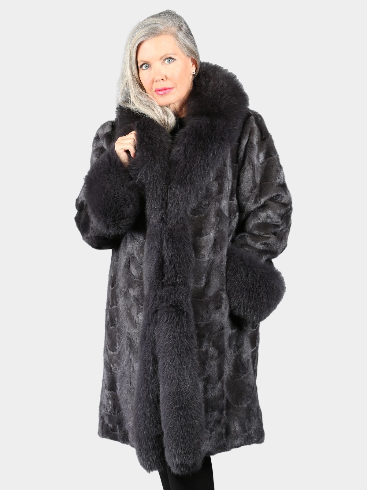 Woman s Grey 3 4 Section Mink Fur Coat With Dark Grey Fox Trim Day Furs