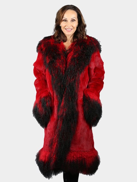 Woman's Red Rabbit Fur 3/4 Coat