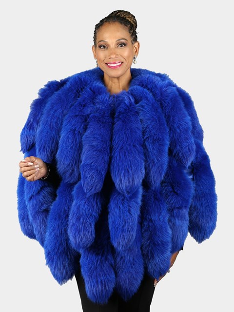 Woman's Royal Blue Dyed Leather Poncho with Fox Fur Tails - Out of Stock - available via special order only - contact sales@dayfurs.com 