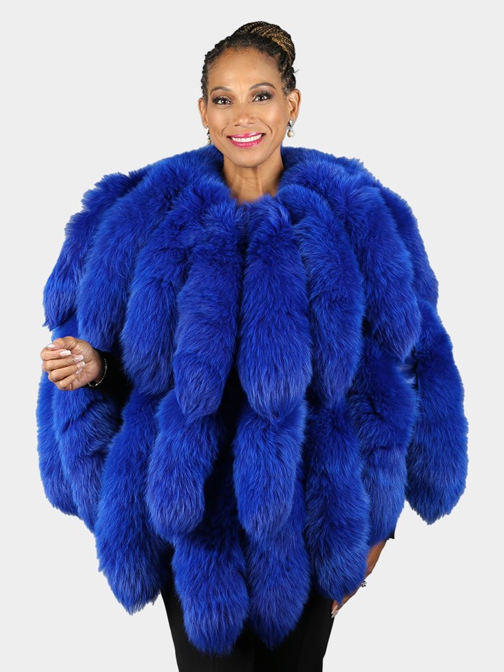 Woman's Royal Blue Dyed Leather Poncho with Fox Fur Tails - Out of Stock - available via special order only - contact sales@dayfurs.com 