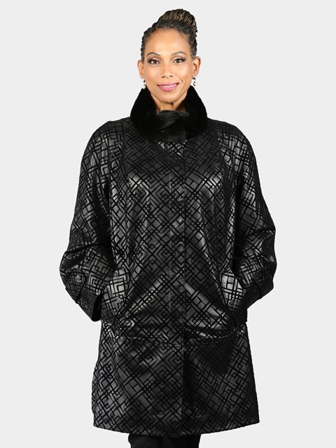 Woman's Black and Iris Geometric Patterned Lambskin Leather Stroller