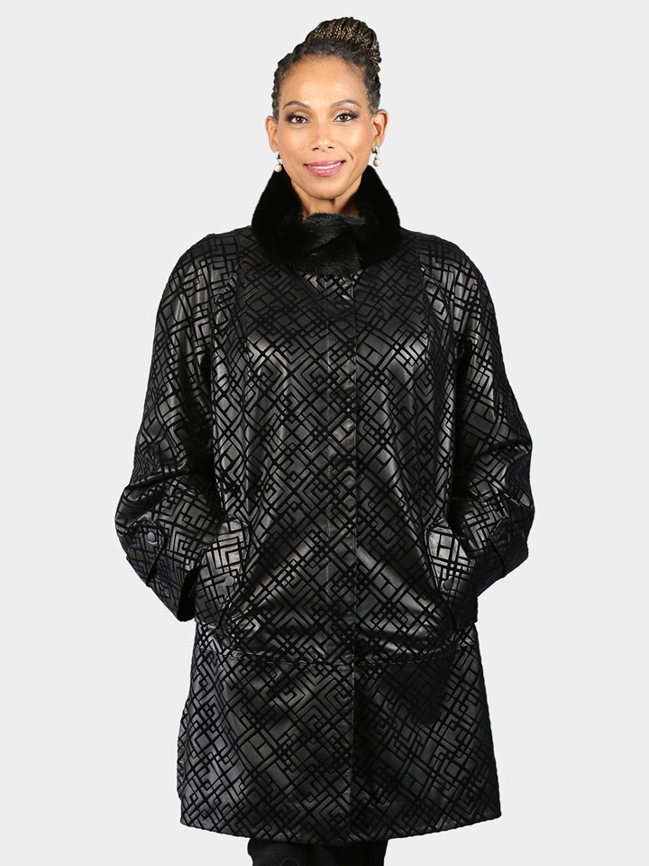 Woman's Black and Iris Geometric Patterned Lambskin Leather Stroller