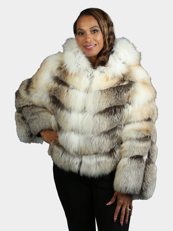 Woman's Natural Golden And Shadow Fox  Fur Jacket With Hood