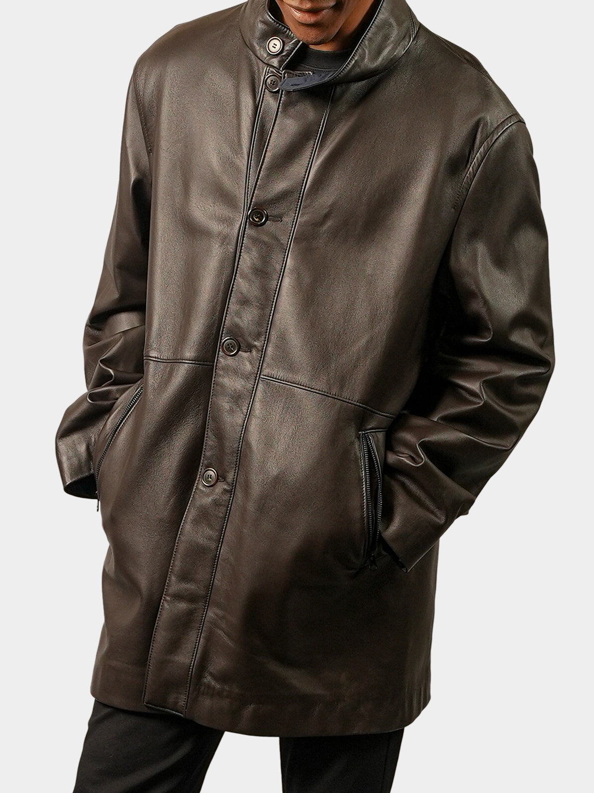 Man's Brown Leather 3/4 Coat Reversible to Navy Fabric
