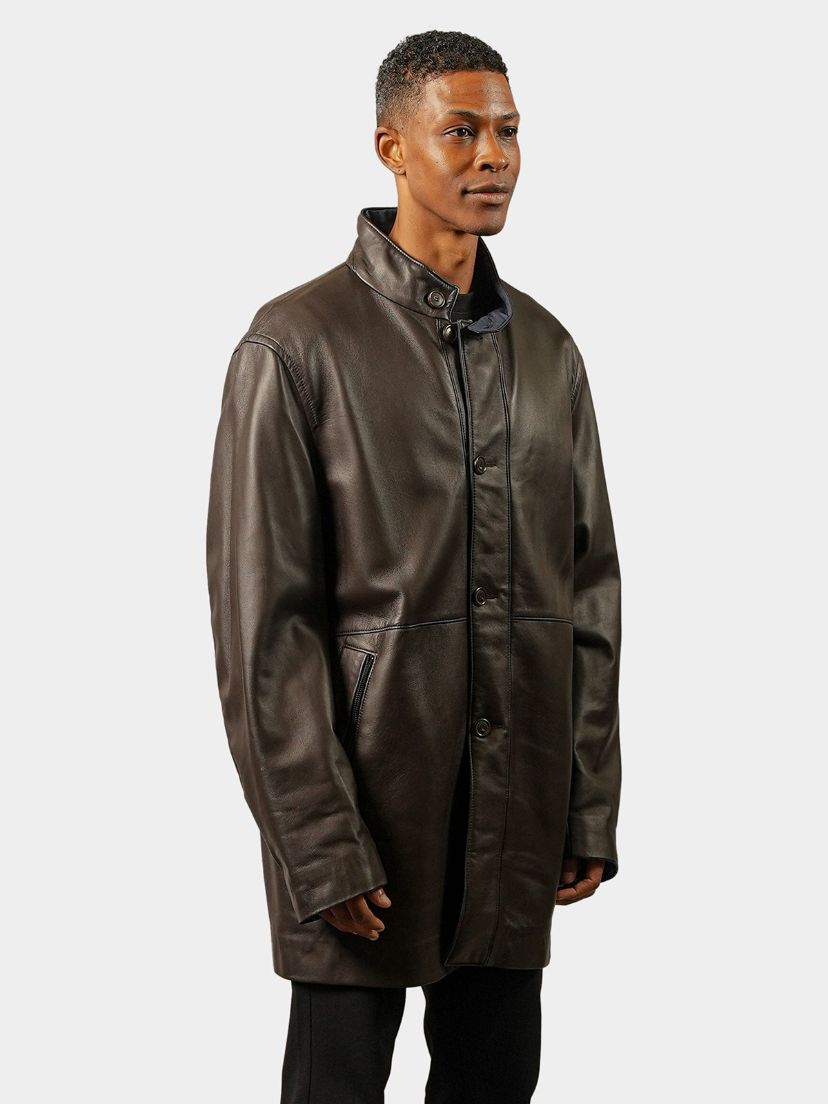 Man's Brown Leather 3/4 Coat Reversible to Navy Fabric