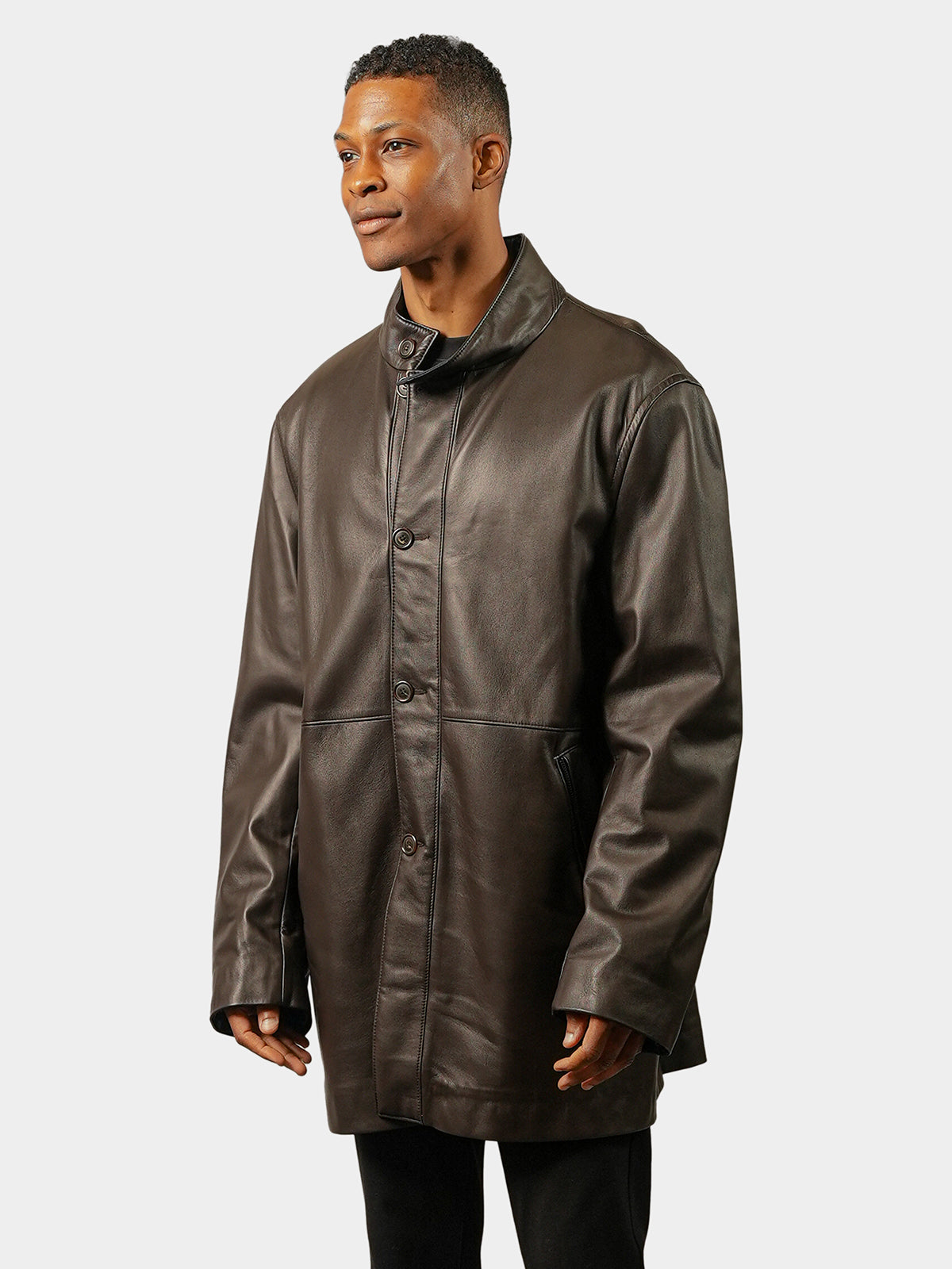 Man's Brown Leather 3/4 Coat Reversible to Navy Fabric