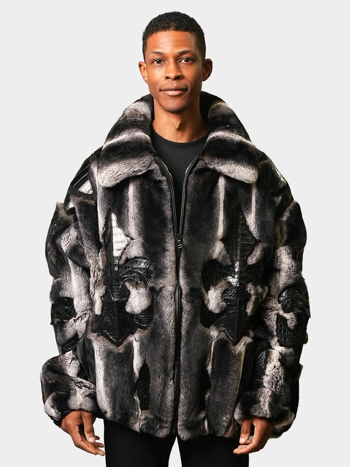 Man's Gray Rex Rabbit Jacket with Leather Inserts
