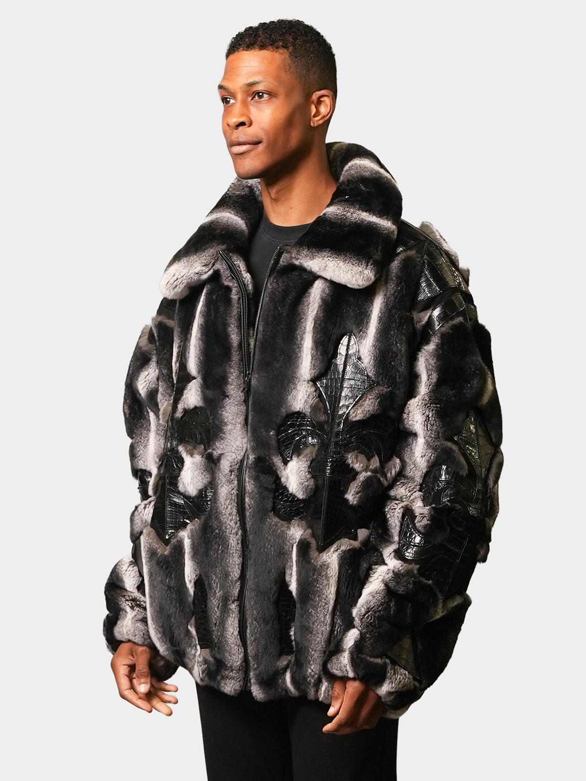 Man's Gray Rex Rabbit Jacket with Leather Inserts