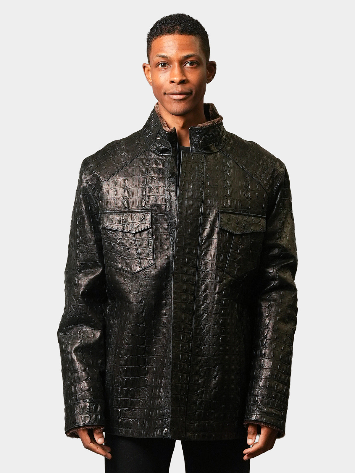 Man's Black Croco Leather & Shearling Jacket