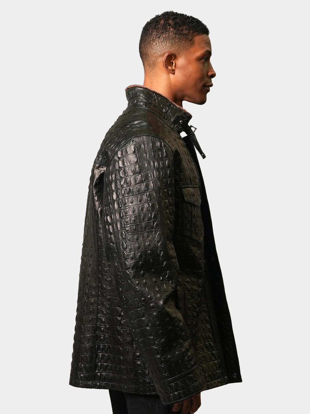 Man's Black Croco Leather & Shearling Jacket