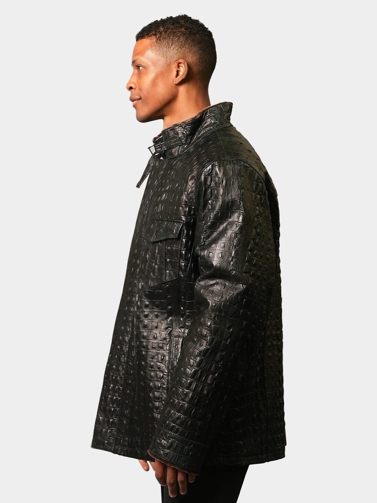 Man's Black Croco Leather & Shearling Jacket