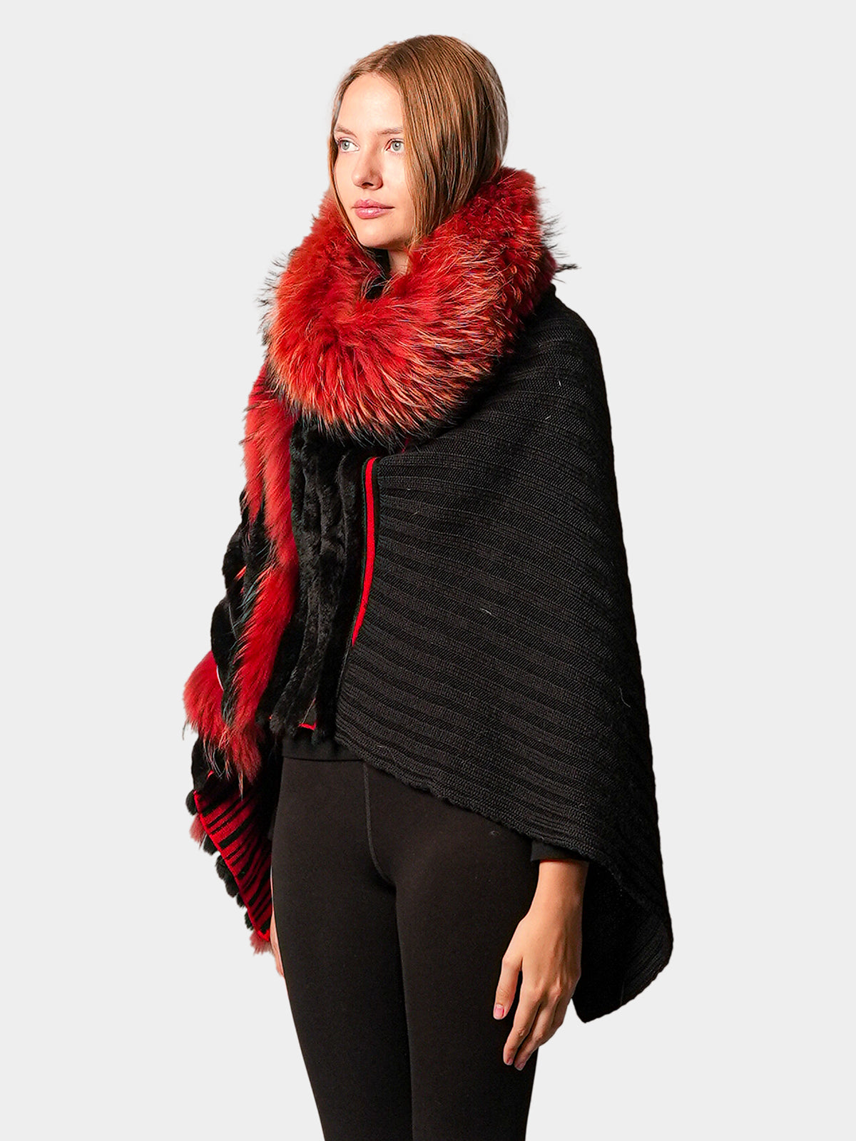 Women's Red & Black Wool Poncho