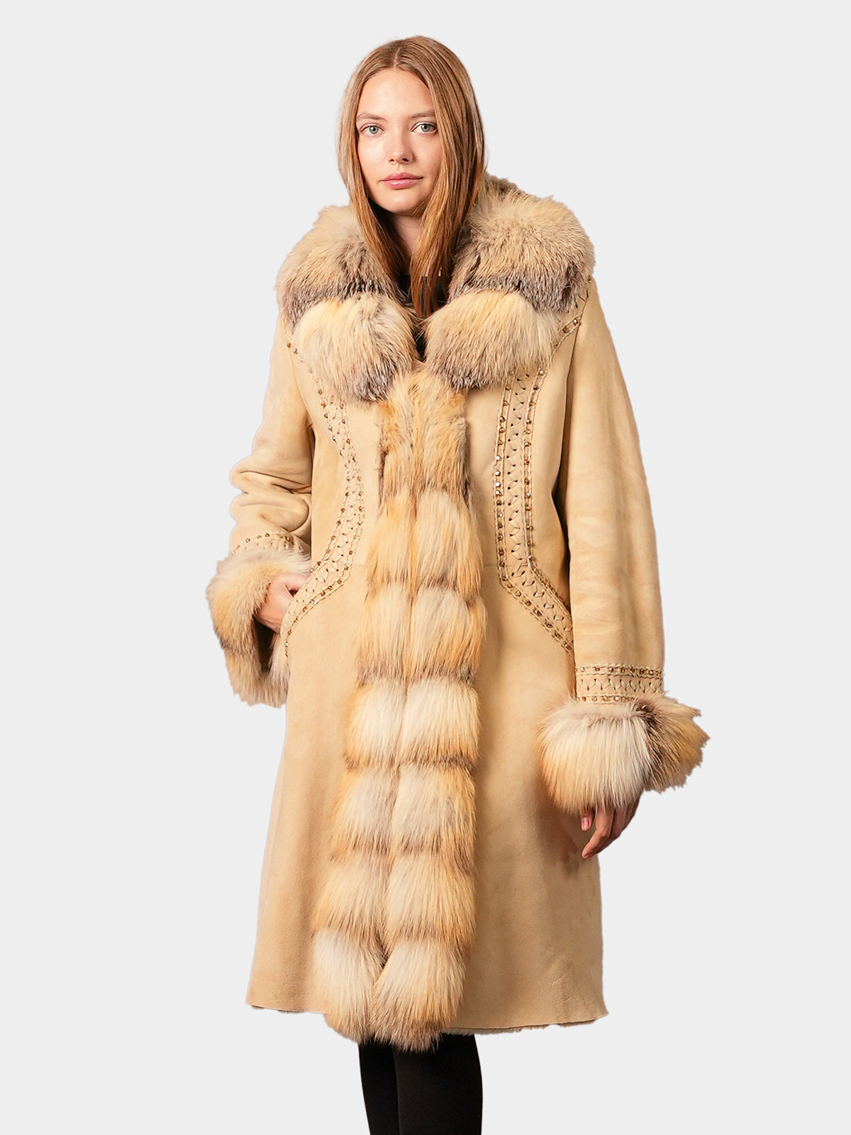 Women's Beige Shearling Lamb and Fox Stroller