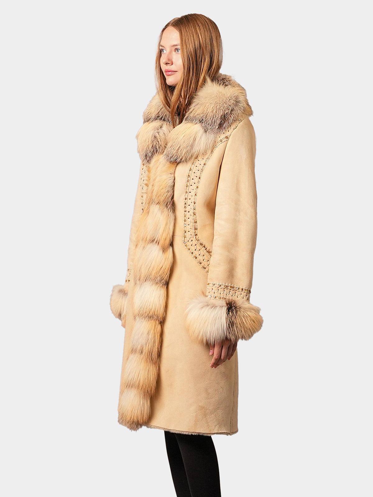 Women's Beige Shearling Lamb and Fox Stroller
