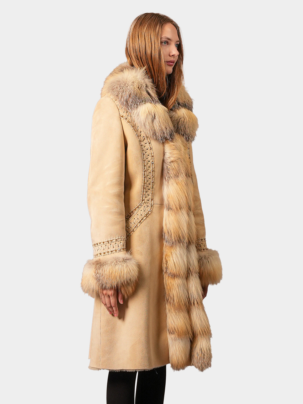 Women's Beige Shearling Lamb and Fox Stroller