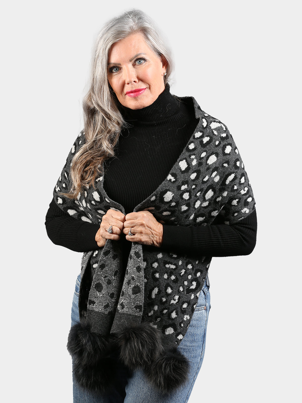 Women's Black & White Scarf with Black Fox Fur Poms