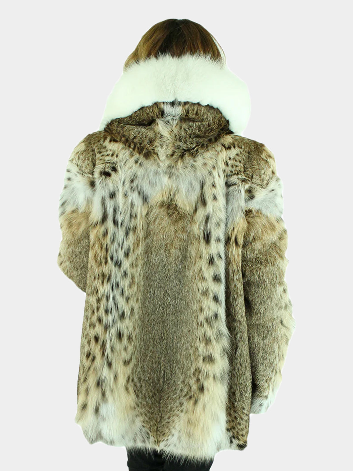 Woman's Natural Cat Lynx Parka with White Fox Fur Trim
