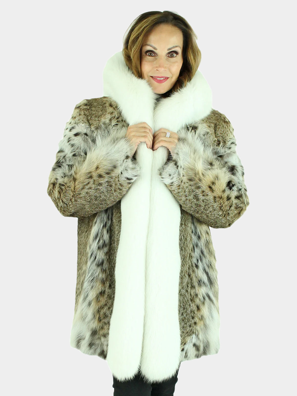 Woman's Natural Cat Lynx Parka with White Fox Fur Trim
