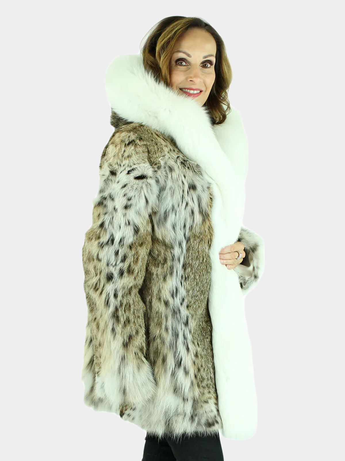Woman's Natural Cat Lynx Parka with White Fox Fur Trim