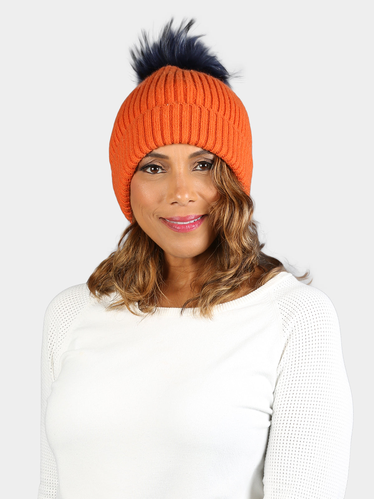 Women's Orange & Navy Knit Hat with Fox Fur Tuff