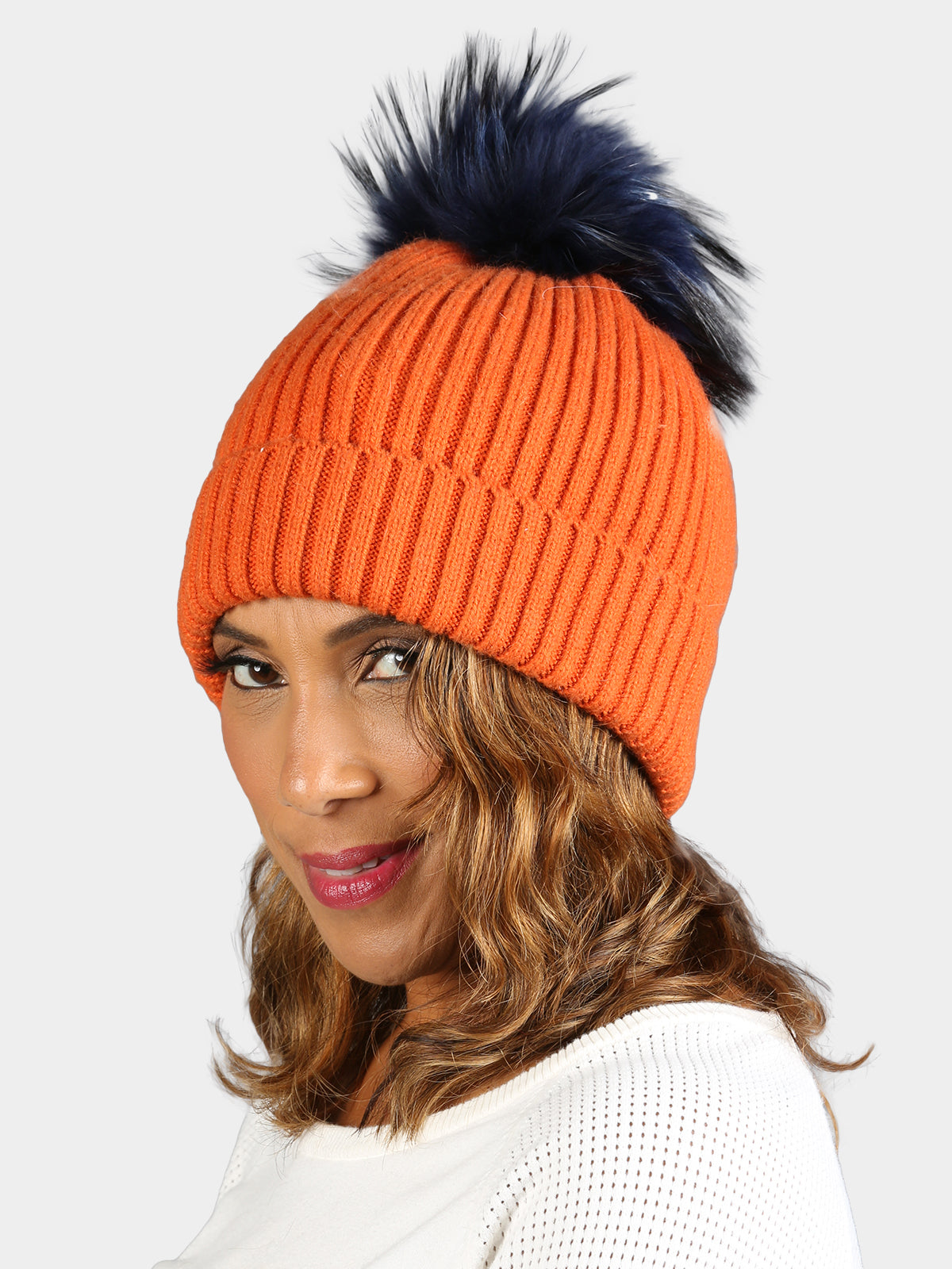 Women's Orange & Navy Knit Hat with Fox Fur Tuff
