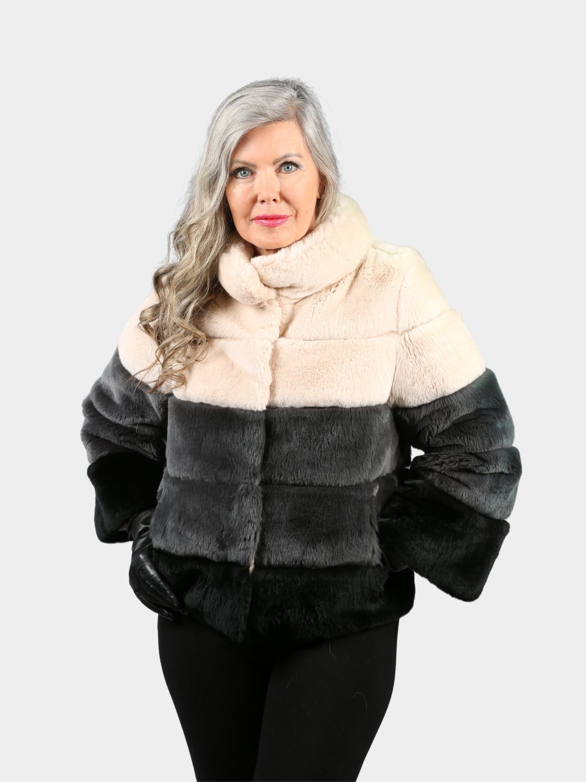 Women's Gray and Tan Rex Rabbit Fur Jacket