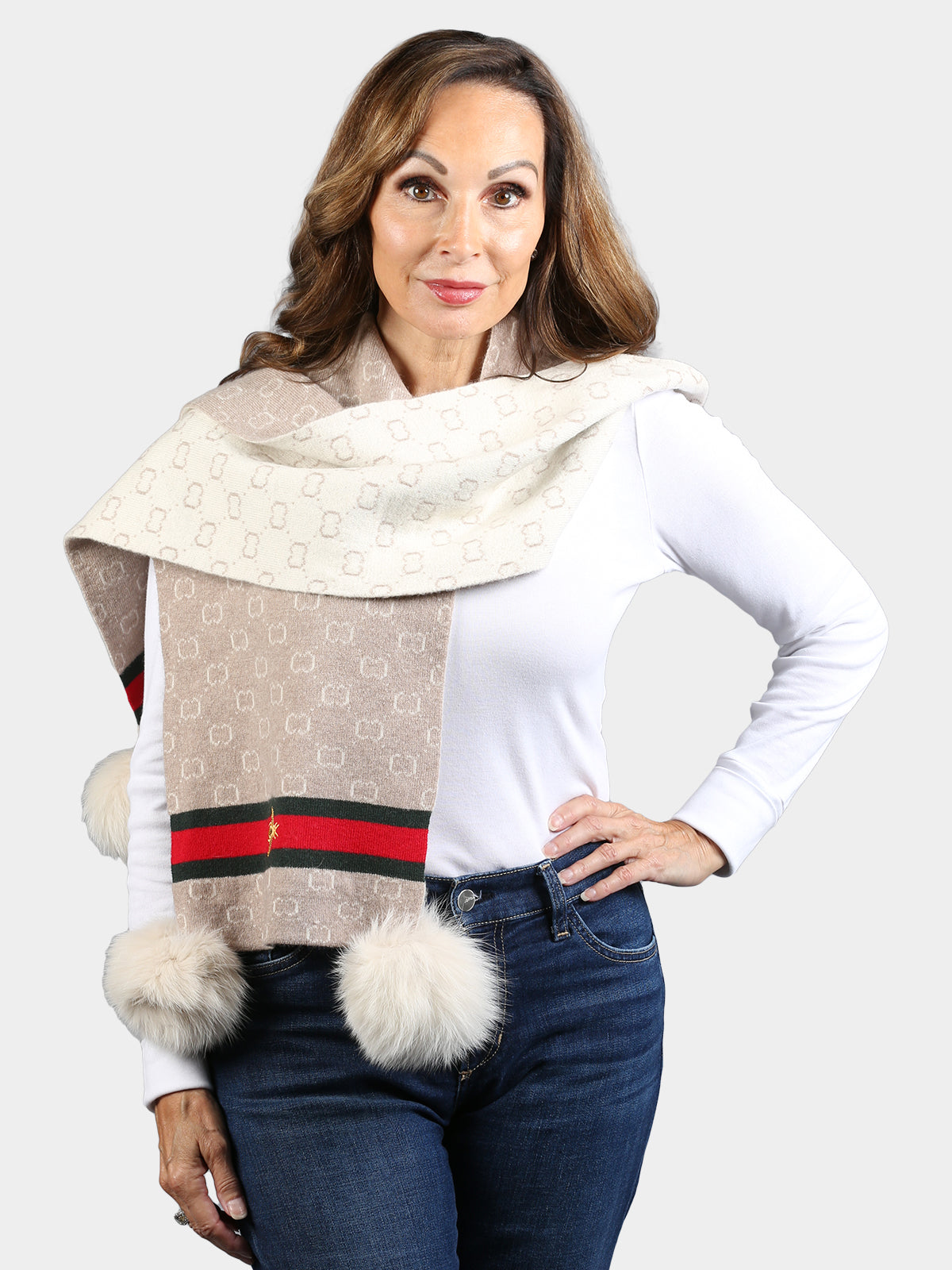 Women's Beige Knitted Scarf with Fox Fur Trim