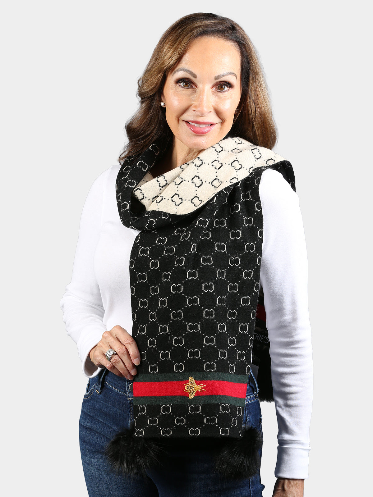Women's Black Knitted Scarf with Fox Fur Pom Poms