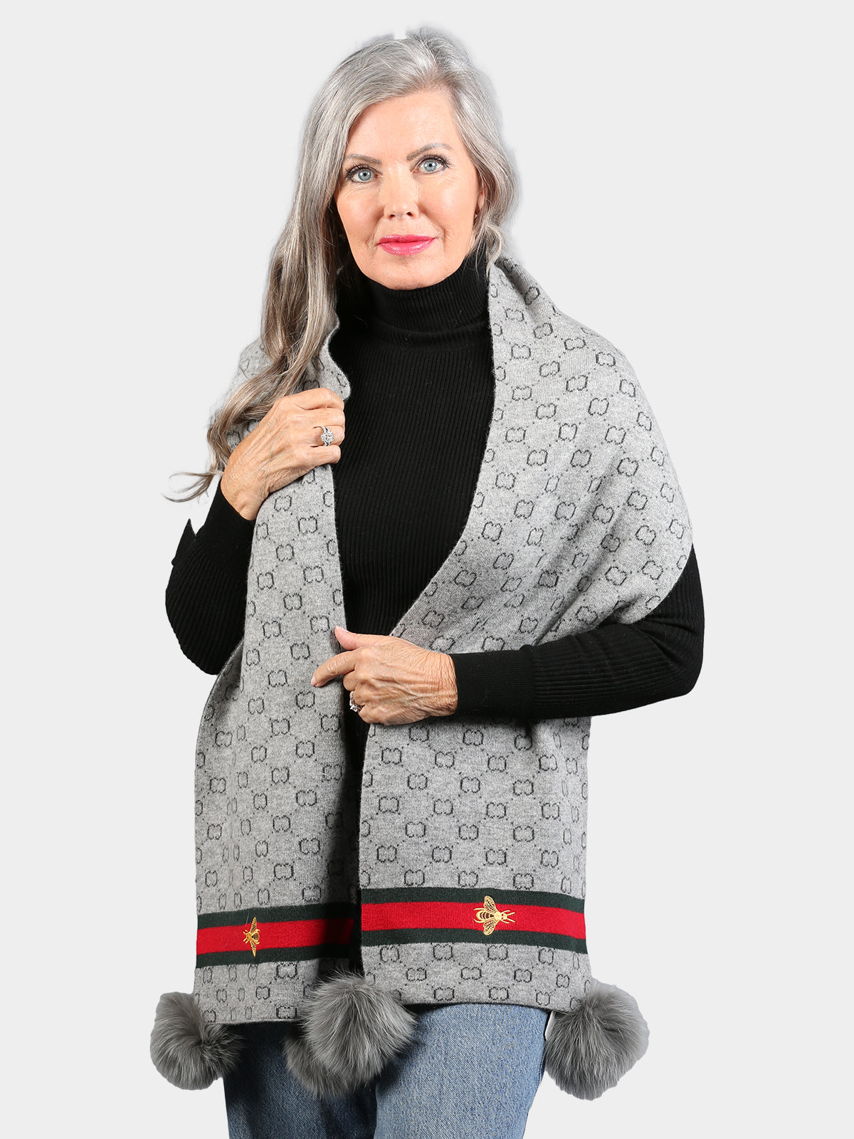 Women's Gray Knitted Scarf with Fox Fur Pom Poms