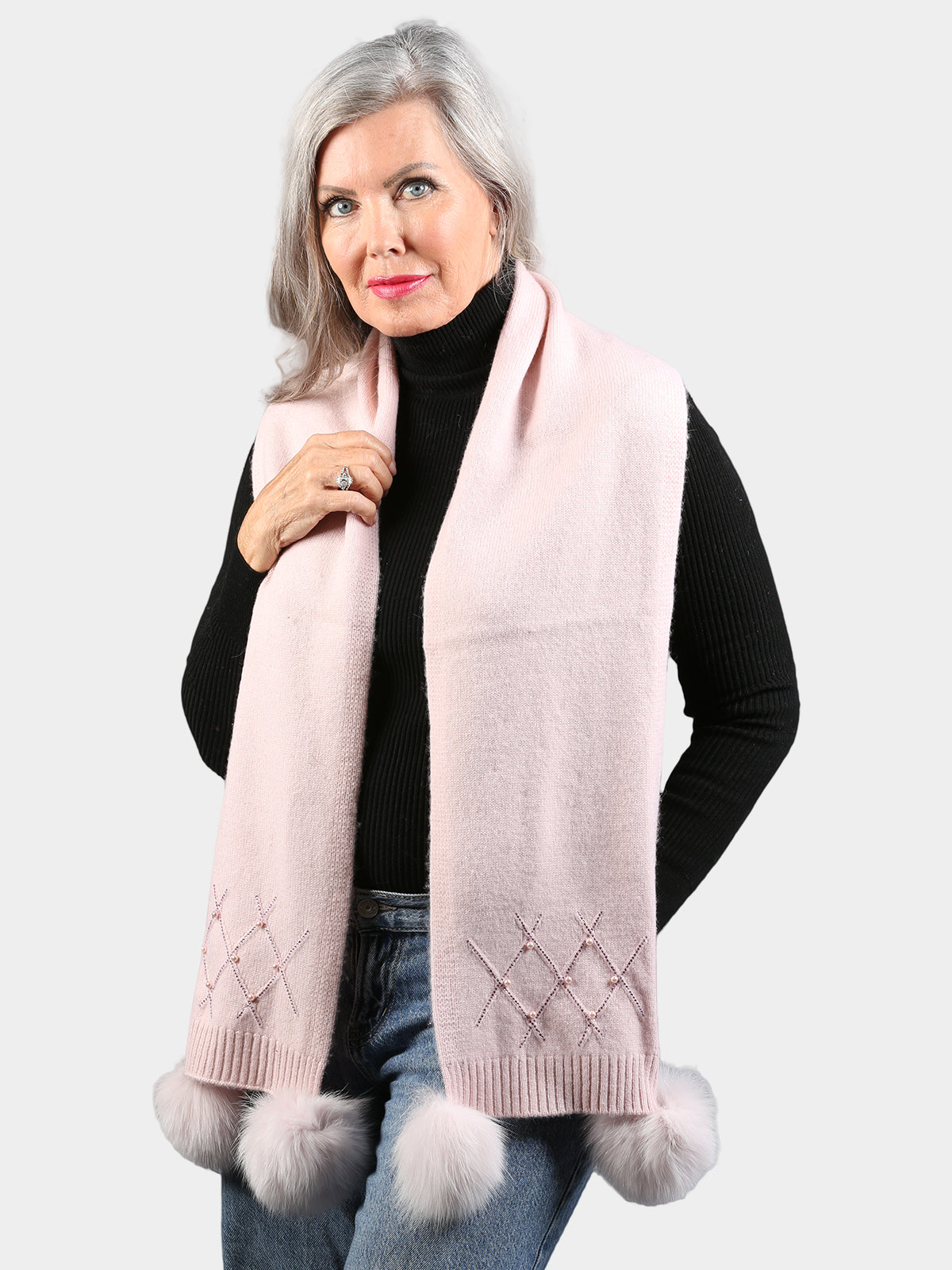 Women's Soft Pink Knitted Scarf with Fox Fur Pom Poms