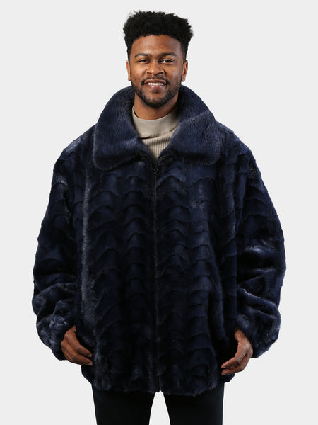 ECO FUR JACKET ネイビー Navy Blue Male Mink Fur Jacket -100% Real Fur Coat-Haute Acorn