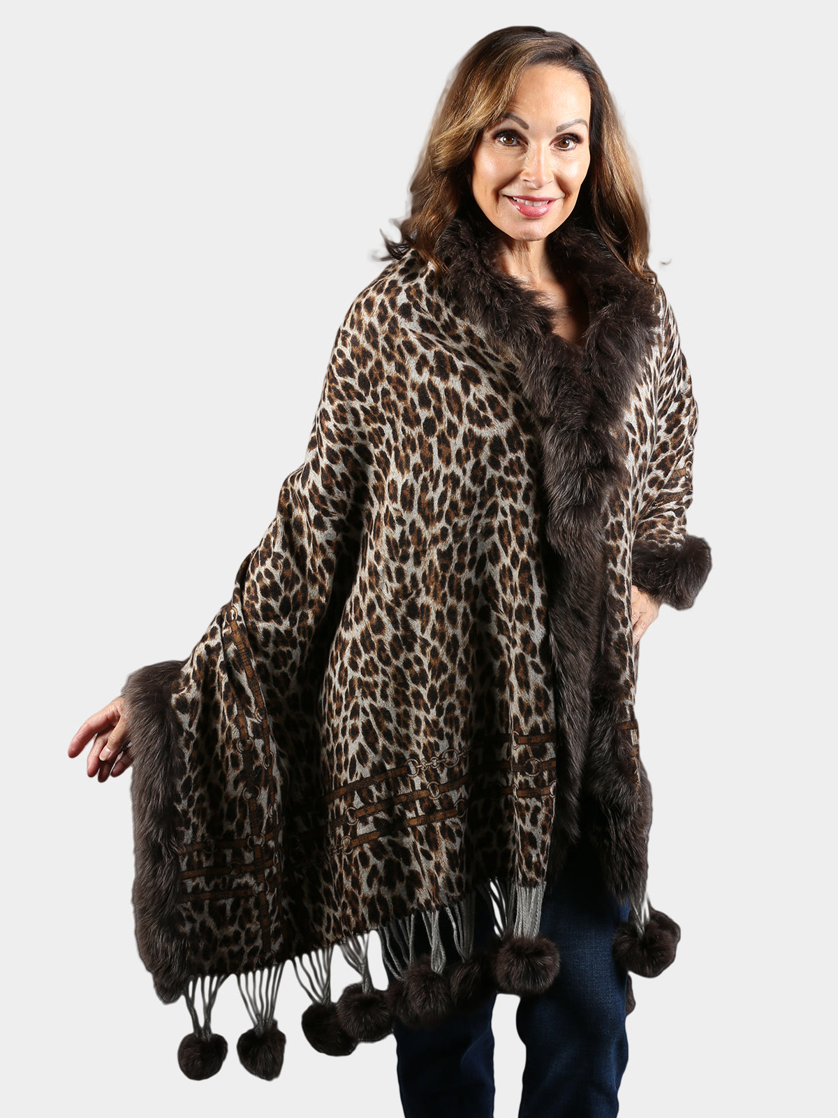 Women's Brown Animal Print Cashmere Stole with Fox Fur Trim