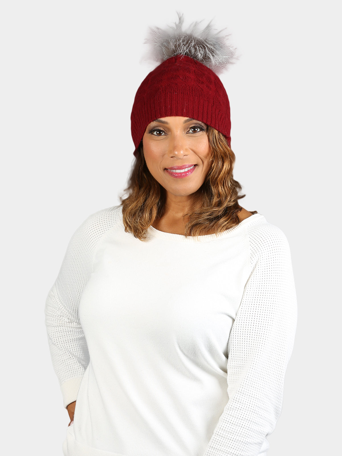 Women's Burgundy Cashmere Cable Knit Hat with Natural Silver Fox Fur Pom Poms