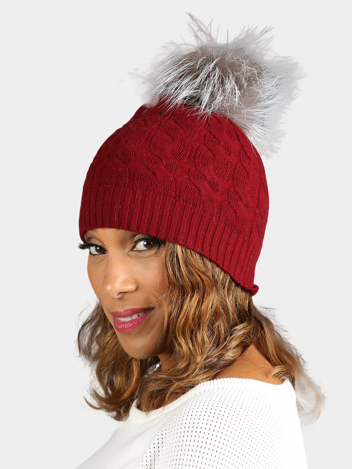 Women's Burgundy Cashmere Cable Knit Hat with Natural Silver Fox Fur Pom Poms