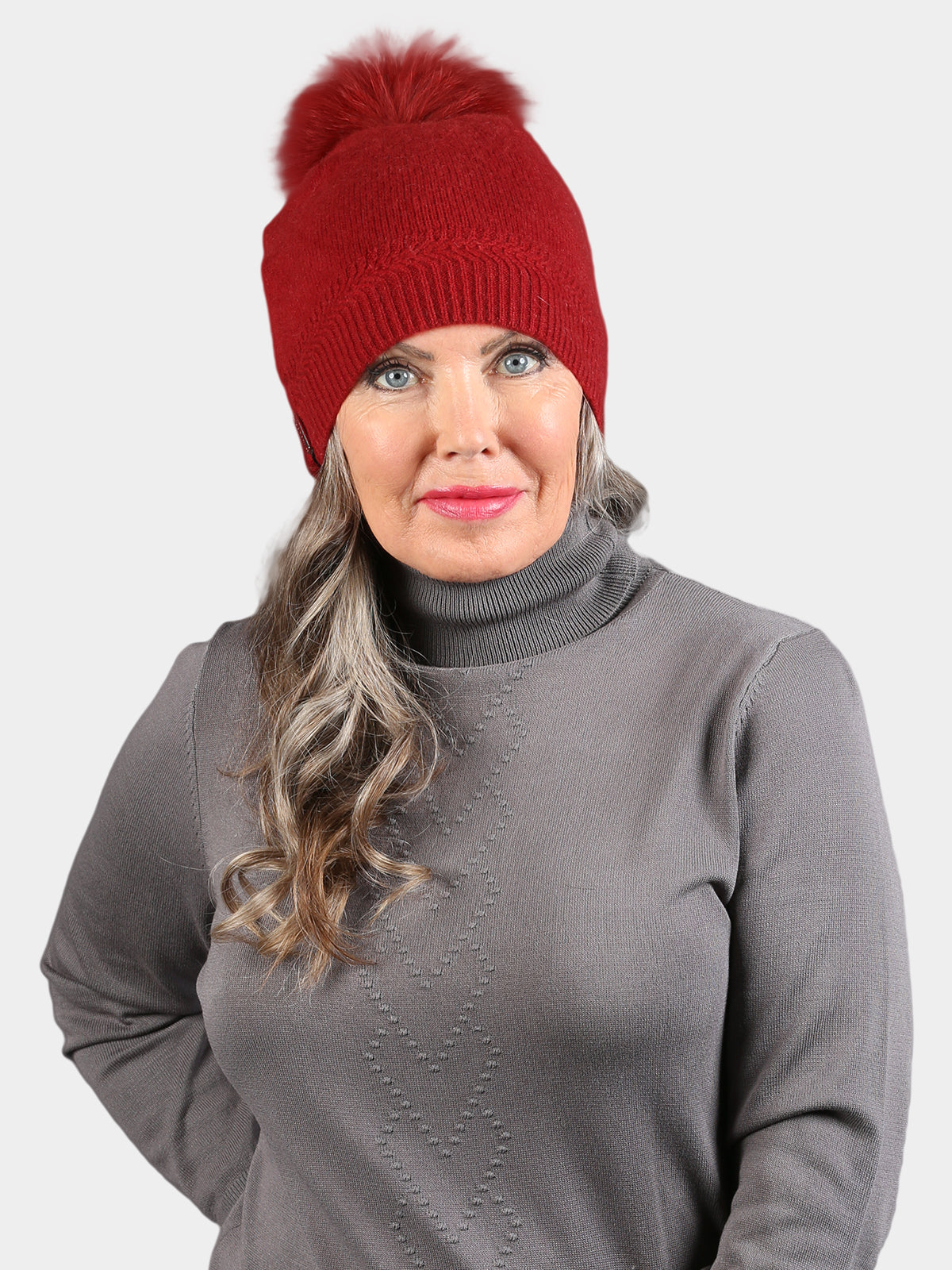 Women's Cherry Red Knit Cashmere Hat with Dyed Cherry Red Fox Fur Pom Poms