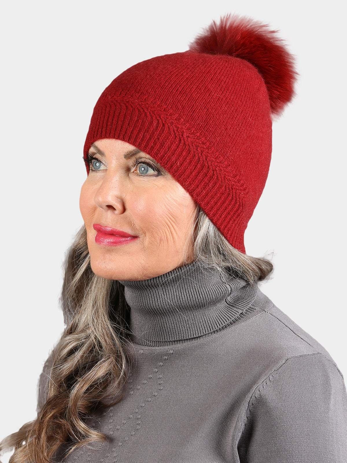 Women's Cherry Red Knit Cashmere Hat with Dyed Cherry Red Fox Fur Pom Poms