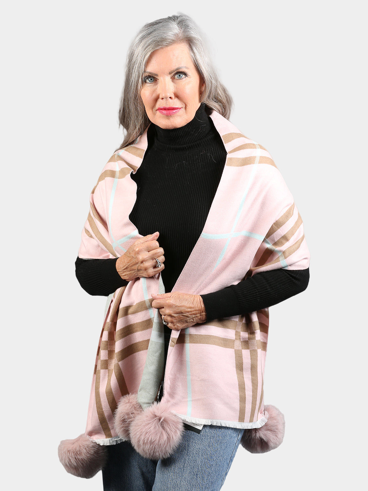 Women's Pink Plaid Woven Scarf with Dyed Dusty Rose Fox Fur Pom Poms
