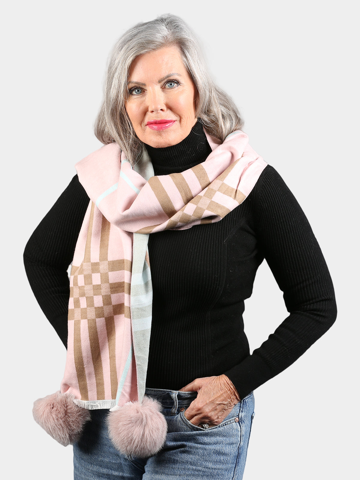 Women's Pink Plaid Woven Scarf with Dyed Dusty Rose Fox Fur Pom Poms