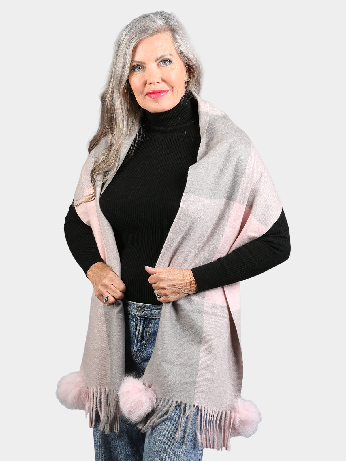 Women's Pink & Gray Woven Scarf with Fox Fur Pom Poms