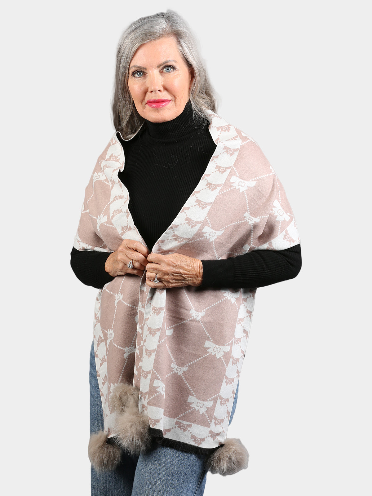 Women's Ivory & Beige Woven Scarf with Fox Fur Pom Poms