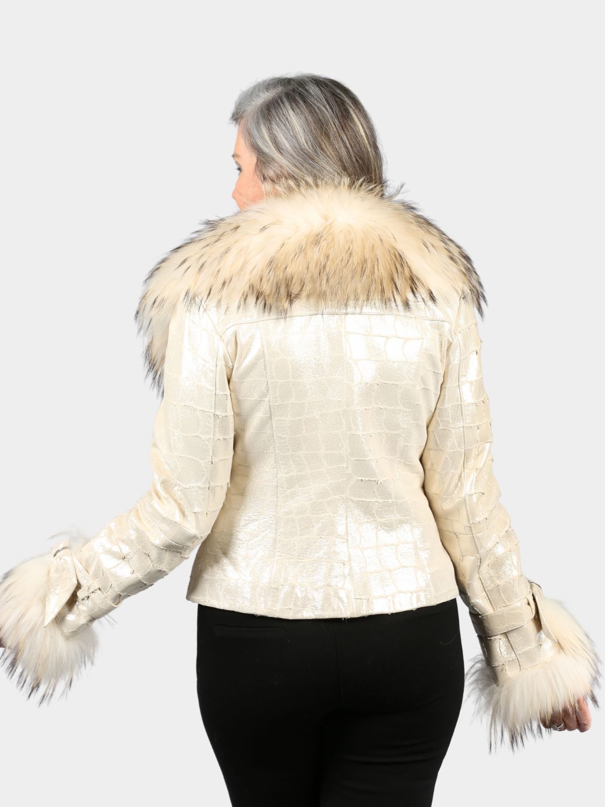 Women's Starburst Croco Leather Jacket with Finnish Raccoon Fur Trim
