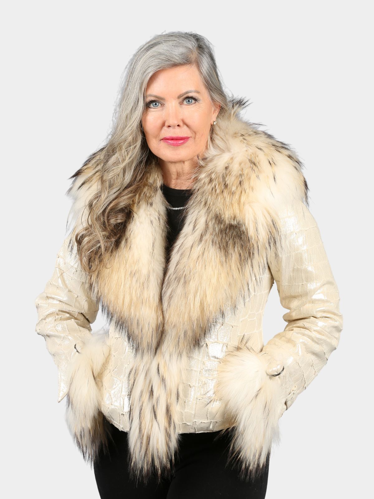 Women's Starburst Croco Leather Jacket with Finnish Raccoon Fur Trim