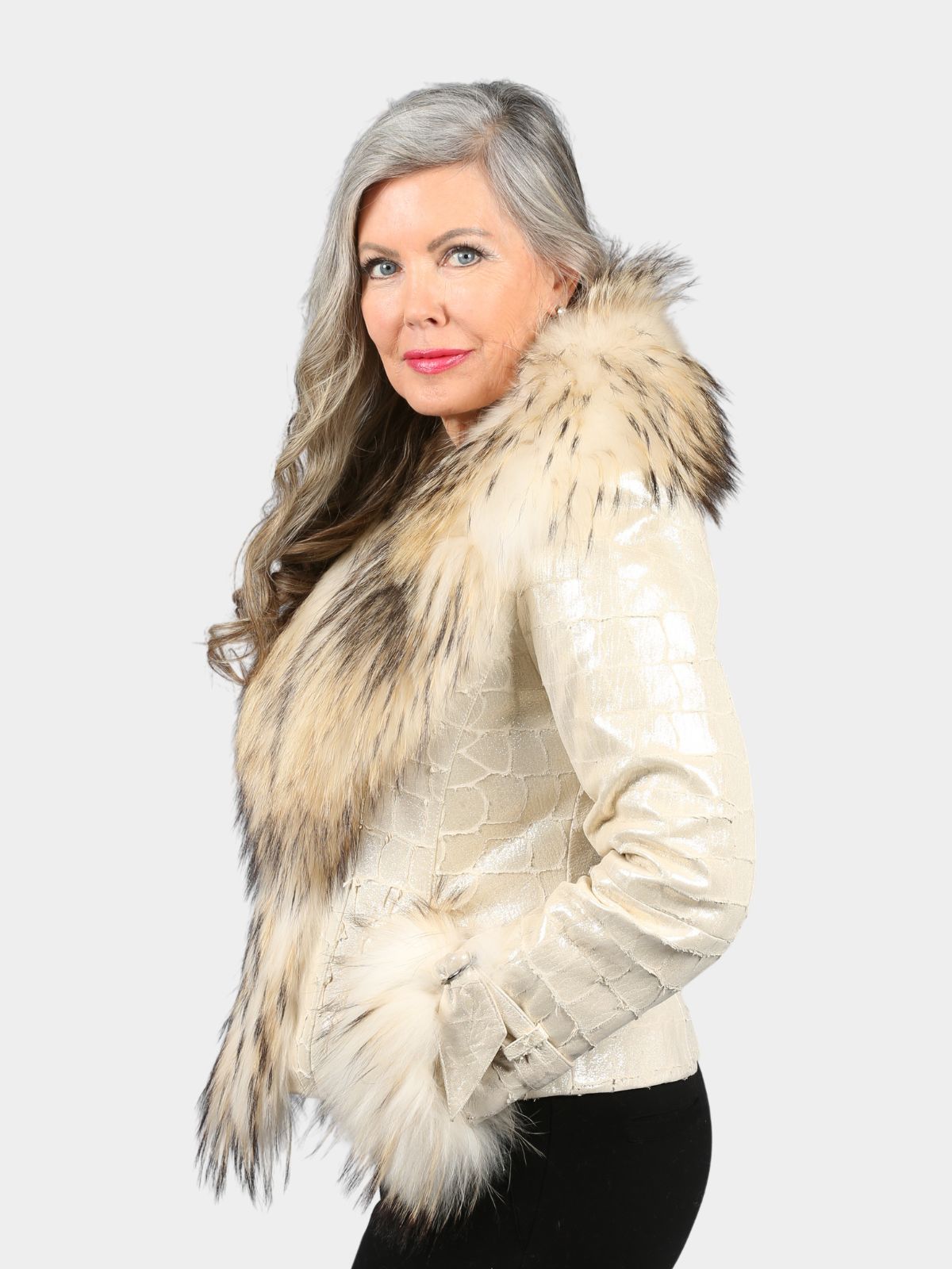 Women's Starburst Croco Leather Jacket with Finnish Raccoon Fur Trim